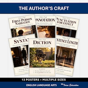 Peut inclure: Un ensemble de treize affiches éducatives intitulées The Author's Craft, présentant des concepts littéraires tels que la narration à la première personne, la connotation, la ponctuation, la syntaxe, la diction et la longueur des phrases.