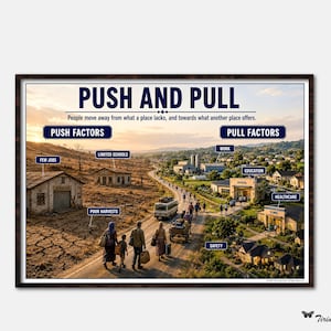 May include: An educational poster titled PUSH AND PULL, illustrating migration factors. The left side shows dry, barren land with labels for few jobs, limited schools, and poor harvests. The right side shows a lush, developed area with labels for work, education, healthcare, and safety.