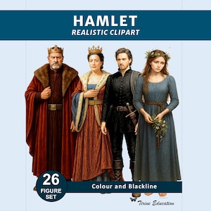 May include: A digital illustration set titled HAMLET REALISTIC CLIPART featuring four figures in historical attire. The group includes a king in a red fur-trimmed robe, a queen in a red dress with a crown, a man in black, and a woman in a blue dress.