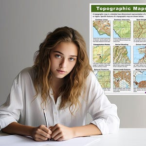 Op de afbeelding: Een jonge vrouw zit aan een bureau en schrijft met een potlood. Achter haar hangt een poster met de titel "Topografische kaarten" met illustraties van verschillende soorten kaarten.