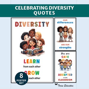 Juego de 8 pósteres sobre diversidad e inclusión, decoración imprimible, positiva e inspiradora para el aula de primaria.