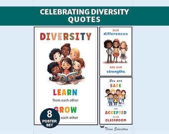 Juego de 8 pósteres sobre diversidad e inclusión, decoración imprimible, positiva e inspiradora para el aula de primaria.