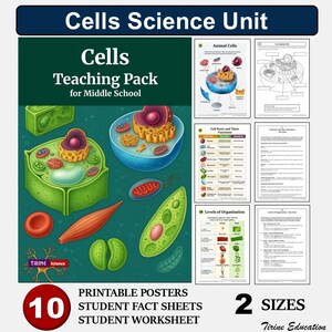 May include: A science teaching pack for middle school students. The image shows colourful illustrations of animal and plant cells, diagrams, and worksheets. The text includes "Cells Science Unit", "Printable Posters", and "Student Fact Sheets".
