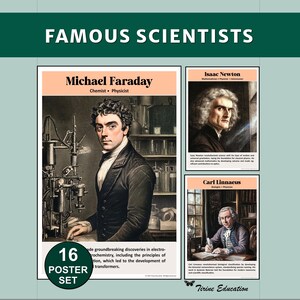 Printable Science Posters Set of 16 Famous Scientists | STEM Classroom Decor Bundle | Middle & High School Science Bulletin Board Wall Art