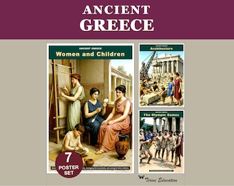 Poster sull'antica Grecia: decorazioni per la classe di storia mondiale, appunti stampabili per gli studenti, architettura, giochi olimpici, donne e bambini, classi 6-8.