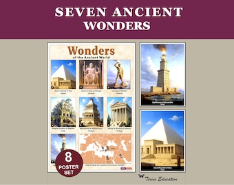 Zeven wereldwonderen posters, geschiedenis klas decor Babylon Gardens. Grote Piramide, Wereldkaart Kolossus van Rhodos, rangen 5-8