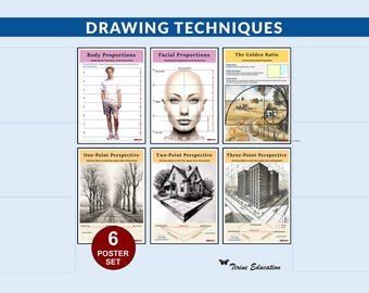 Art Drawing Techniques Posters: Facial, Body Proportions, Perspective, Golden Ratio, Visual Arts Classroom