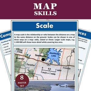 Geography Posters, Map Skills: Latitude, Longitude, Scale, Classroom Decor