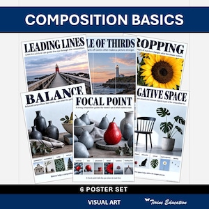 May include: A six-poster set titled COMPOSITION BASICS featuring educational visual art guides. Each poster displays photography examples and text explaining concepts like Leading Lines, Rule of Thirds, Cropping, Balance, Focal Point, and Negative Space.