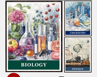 Watercolor Science Posters: Biology, Chemistry, Physics Printable Middle and High School STEM Classroom Decor