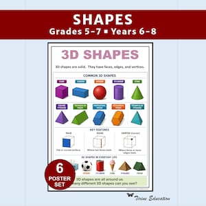 May include: An educational poster titled SHAPES Grades 5-7 Years 6-8 featuring 3D SHAPES. It displays common 3D shapes like cubes, spheres, and cylinders with definitions for faces, edges, and vertices. Includes real-world examples and a 6 POSTER SET label.