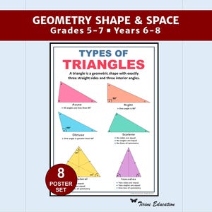 Conjunto de 8 pôsteres de geometria: 5º ao 7º ano (6º ao 8º ano), Triângulos, Quadriláteros, Transformação, Simetria, Decoração para sala de aula do Ensino Fundamental II