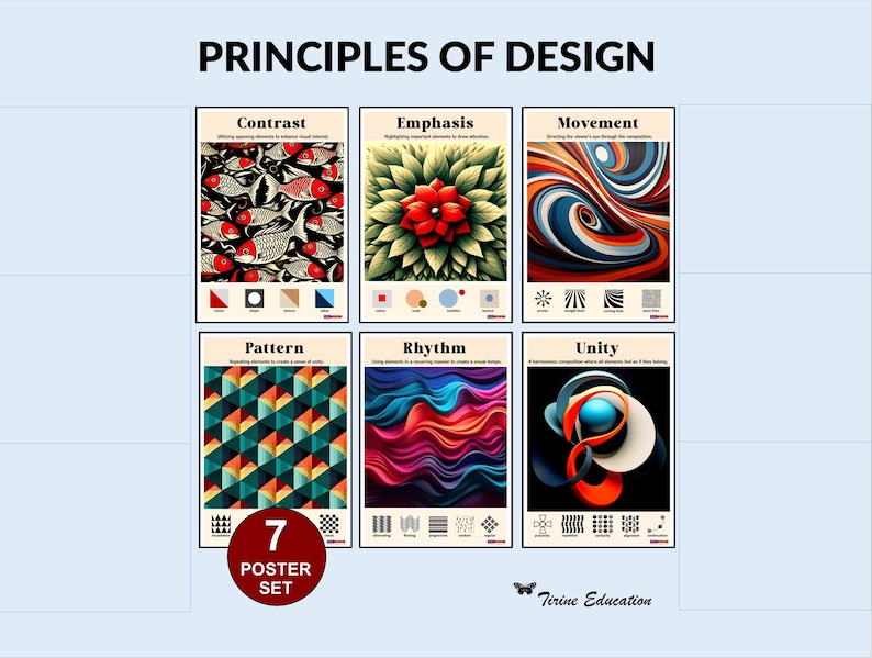 Principles of Design Posters Set: Balance, Contrast, Emphasis, Movement, Pattern, Rhythm, Unity