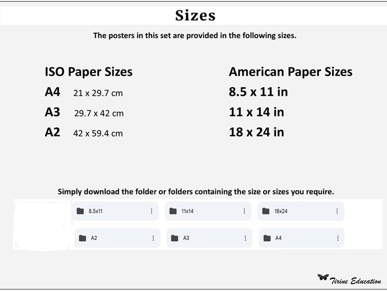 May include: A white graphic with the word "Sizes" at the top, listing ISO and American paper sizes. ISO sizes include A4 (8.3 x 11.7 in), A3 (11.7 x 16.5 in), and A2 (16.5 x 23.4 in). American sizes are 8.5 x 11 in, 11 x 14 in, and 18 x 24 in.