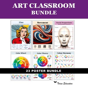 Zestaw plakatów do klasy artystycznej 23: Elementy, zasady, rysunek, koło barw, dekoracje, materiały dla nauczycieli, do druku