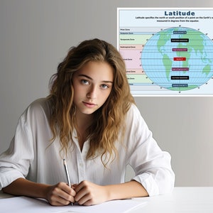 May include: A young person sits at a desk, looking at the camera, with a pencil in their hand. A poster on the wall behind them shows a map of the world with lines of latitude and longitude, and the text "Latitude" at the top. The poster also shows different climate zones and corresponding landscapes.