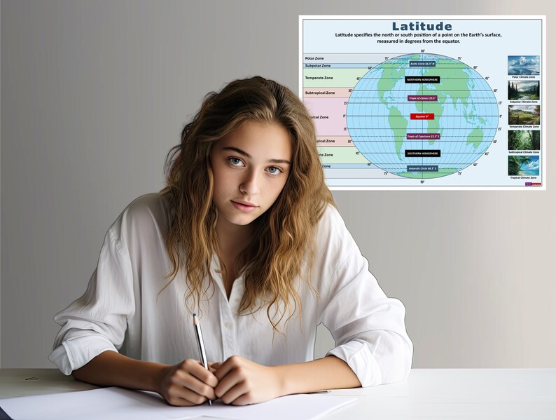 May include: A young person sits at a desk, looking at the camera, with a pencil in their hand. A poster on the wall behind them shows a map of the world with lines of latitude and longitude, and the text "Latitude" at the top. The poster also shows different climate zones and corresponding landscapes.