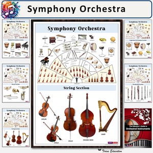 Carteles de orquesta sinfónica: decoración para aulas de música que ilustran el diseño y los instrumentos de cada sección: metales, cuerdas, instrumentos de viento madera, percusión
