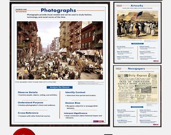 Conjunto de pôsteres para sala de aula sobre fontes e evidências históricas, habilidades de estudo e pesquisa, fontes históricas, decoração de sala de aula para o ensino fundamental e médio