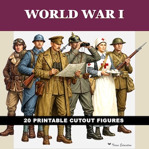 Figuras de la Primera Guerra Mundial: 20 figuras imprimibles de pie con fondo de trinchera — Kit de diorama para el aula de la Primera Guerra Mundial — Historia para la escuela secundaria