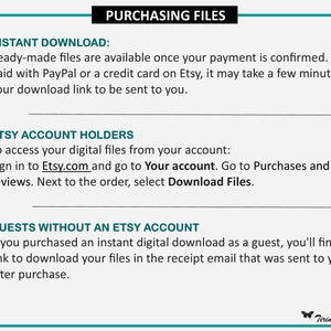 May include: A teal and white graphic with the text "PURCHASING FILES" at the top. The text provides instructions for downloading files after purchase, including for Etsy account holders and guests. The image includes the Etsy logo.