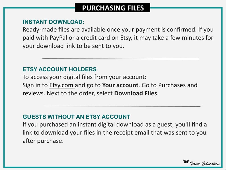 May include: A teal and white graphic with the text "PURCHASING FILES" at the top. The text provides instructions for downloading files after purchase, including for Etsy account holders and guests. The image includes the Etsy logo.
