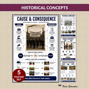 Poster sui concetti storici: causa e conseguenza, cambiamento e continuità, confronto, significato, schemi riassuntivi per la classe di storia.