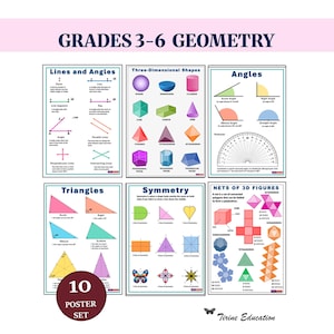 Conjunto de 12 pôsteres de geometria: Matemática para alunos do 3º ao 6º ano, decoração para sala de aula do Ensino Fundamental II, 7 tamanhos.