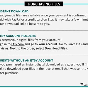 Op de afbeelding: Een witte achtergrond met turquoise tekst die uitlegt hoe je digitale bestanden kunt downloaden die je op Etsy hebt gekocht. De tekst legt uit hoe je bestanden kunt downloaden voor Etsy-accounthouders en gasten zonder een Etsy-account.