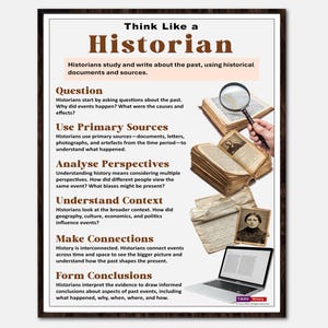 Geschiedenisposter, afdrukbaar, digitaal, denk als een historicus, vaardigheden, educatief, middelbare school middelbare school geschiedenis klas poster kunst aan de muur