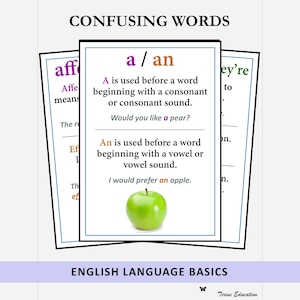 English Classroom Posters, Confusing Words, Grammar, ESL and Middle School Students