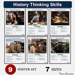 Conjunto de pôsteres de habilidades de pensamento histórico, habilidades básicas de história para impressão, digital, decoração de sala de aula para murais de ensino fundamental e médio