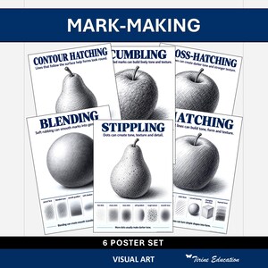 Puede incluir: Un conjunto de seis pósteres titulado MARK-MAKING que presenta guías educativas de artes visuales. Cada póster muestra ilustraciones en blanco y negro de frutas y formas geométricas que demuestran técnicas como sombreado de contorno, garabateo, sombreado cruzado, difuminado y puntillismo con texto descriptivo.