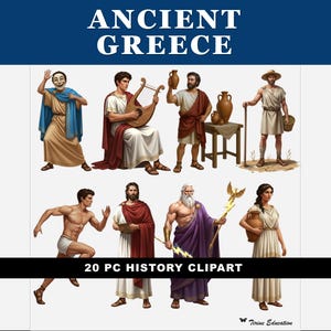 May include: Digital clipart set titled "Ancient Greece" featuring illustrations of figures in classical attire, including musicians, philosophers, and gods. The image includes the text "20 PC HISTORY CLIPART" and is set against a white background with a blue header.