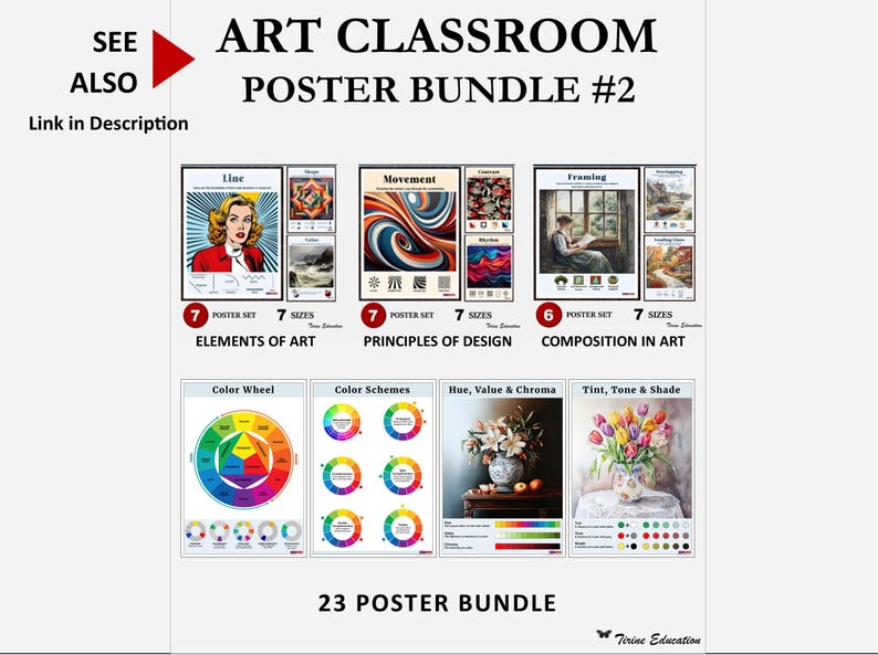 Paquete de pósteres para el aula de arte: 23 pósteres de artes visuales, elementos del arte, principios del diseño, teoría del color, círculo cromático, dibujo. Nivel: Secundaria. imagen 7