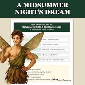 May include: An illustration for a learning unit titled "A Midsummer Night's Dream." The image features a fairy-like character with large wings, pointing upwards. The text includes "Relationship Skills & Social Awareness" and details for grades 7-9.