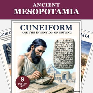 Pósteres de historia, Antigua Mesopotamia, láminas ilustradas para la decoración del aula.