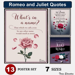 Romeo and Juliet Quotes Posters, English Classroom, Grade 8-11, Shakespeare Play, High School Literature, Drama, English Classroom Decor