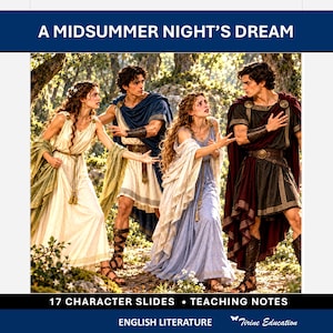 以下が含まれることがあります： A MIDSUMMER NIGHT'S DREAMというタイトルのデジタル教材で、17 CHARACTER SLIDESとTEACHING NOTESが含まれています。画像には、古代風のチュニックとローブをまとった4人の人物が森を背景に描かれており、Tirine Educationのブランド名が表示されています。