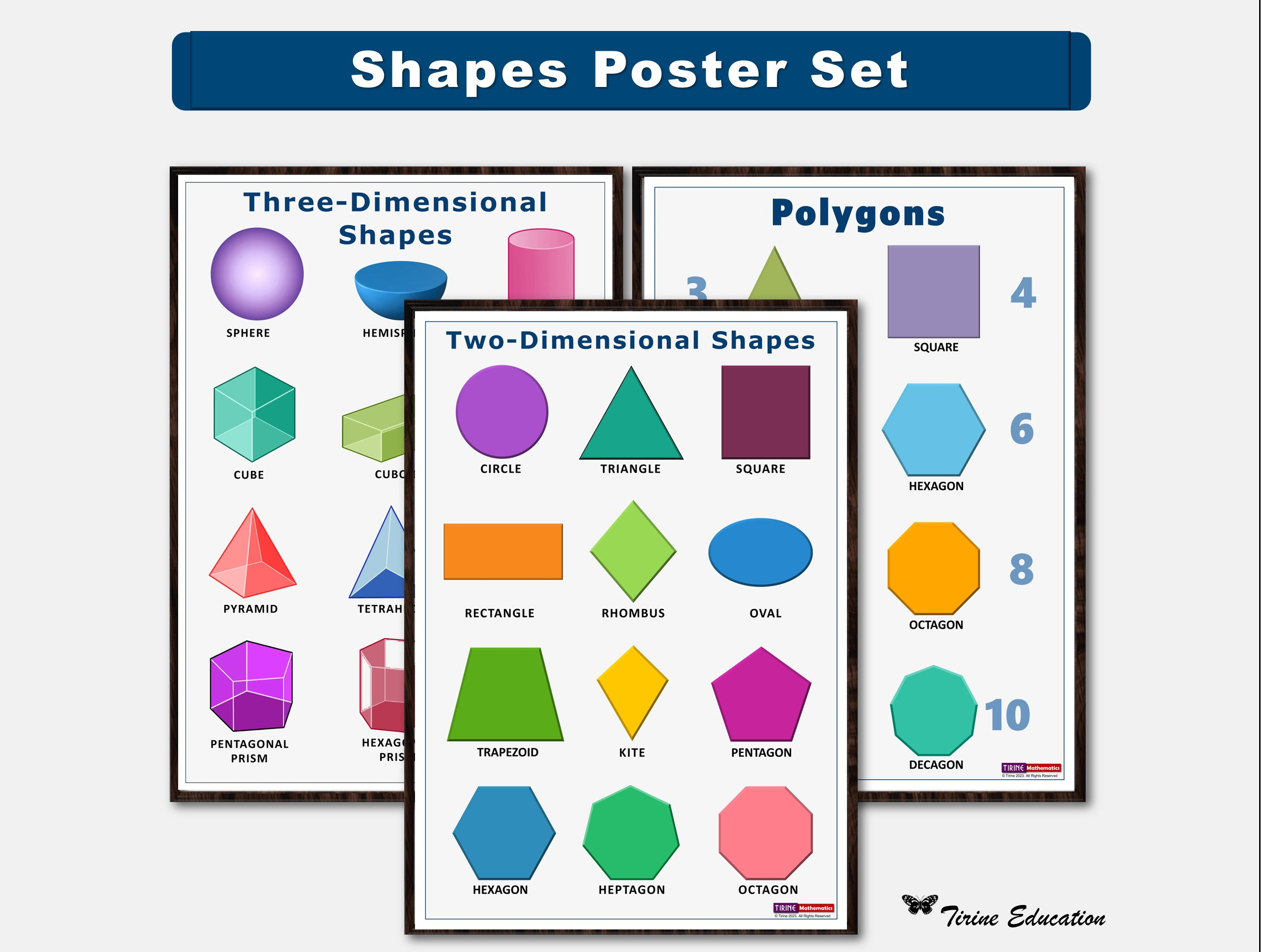 Shapes, 2D Shapes, 3D Shapes, Polygons, Printable Poster Set, Preschool,  Grade 1 or Primary Educational Classroom Poster, Digital Download 