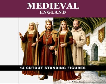 Sagome storiche dell'Inghilterra medievale: figure in piedi stampabili, 14 personaggi, attività di diorama di storia mondiale, scuola media
