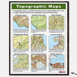Affiche de cartes topographiques, géographie du lycée, compétences en géographie, compétences en cartographie, éducation, affiche de classe, décoration de salle de classe, numérique