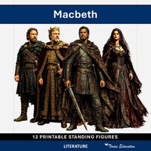 May include: A digital graphic titled Macbeth featuring 12 printable standing figures. The image displays four characters in historical attire, including a king with a gold crown, a warrior holding a sword, and a figure in a dark veil.
