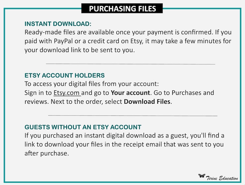 Puede incluir: Un gr&aacute;fico azul verdoso y blanco con el texto "PURCHASING FILES" en la parte superior. El gr&aacute;fico explica c&oacute;mo descargar los archivos digitales comprados en Etsy.com. El gr&aacute;fico incluye instrucciones para los titulares de cuentas de Etsy y los invitados sin una cuenta de Etsy.