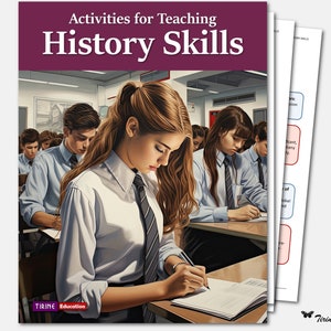 May include: A book cover with the title "Activities for Teaching History Skills" in a purple and white font. The cover features a group of students in a classroom setting, with one student in the foreground writing in a notebook.