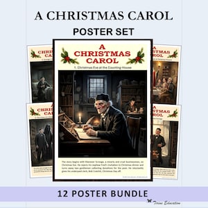 Ein Weihnachtslied Poster Set, englische Literatur, illustrierte Inhaltszusammenfassung, Klassenzimmerdekor