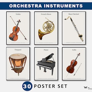Musikinstrumente im Orchester 30 Poster Set, Musikposterbund, Klassenzimmerposter, Musikklassenzimmer, Lernposter, Digital.