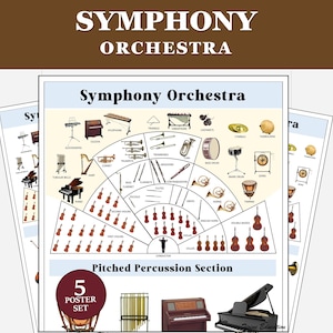 Pósteres de música, orquesta sinfónica, cuerdas, viento madera, viento metal, percusión, decoración de aulas