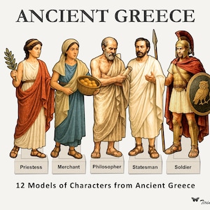 Figuras de papel de la Antigua Grecia: recortes imprimibles para el aula/set de dioramas con fondos y guía para el profesor/de 9 a 14 años, grados 4.º a 8.º