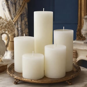 Puede incluir: Cinco velas de pilar de color marfil de diferentes alturas dispuestas sobre una bandeja dorada decorativa. Las velas cil&iacute;ndricas tienen una sola mecha. El fondo incluye una mesa con tapa de m&aacute;rmol y una pared azul. Las velas miden unos 7-15 cm de di&aacute;metro.